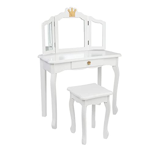 Children's Princess Dressing Table,Princess Dressing Table with Drawers and Tri-fold Mirror,Children's Dressing Table with Chair Set, Detachable Top Study Table,White