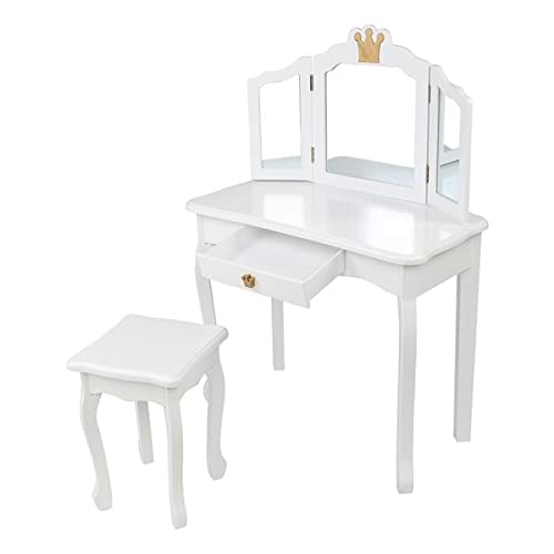 Children's Princess Dressing Table,Princess Dressing Table with Drawers and Tri-fold Mirror,Children's Dressing Table with Chair Set, Detachable Top Study Table,White
