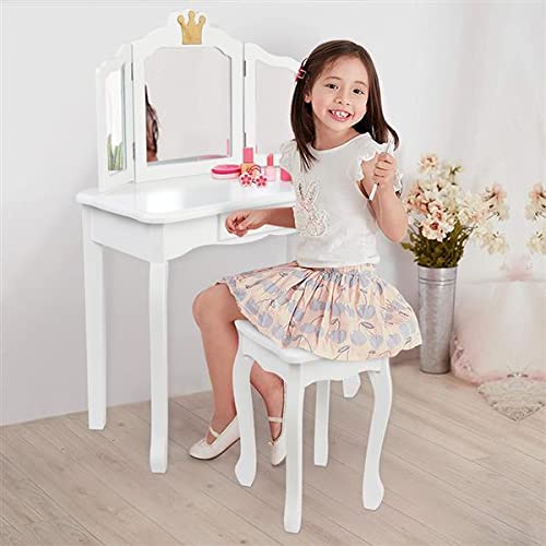 Children's Princess Dressing Table,Princess Dressing Table with Drawers and Tri-fold Mirror,Children's Dressing Table with Chair Set, Detachable Top Study Table,White