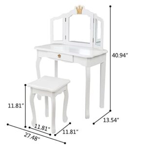 Children's Princess Dressing Table,Princess Dressing Table with Drawers and Tri-fold Mirror,Children's Dressing Table with Chair Set, Detachable Top Study Table,White