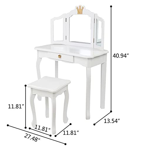 Children's Princess Dressing Table,Princess Dressing Table with Drawers and Tri-fold Mirror,Children's Dressing Table with Chair Set, Detachable Top Study Table,White