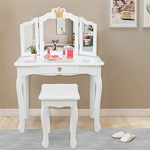 Children's Princess Dressing Table,Princess Dressing Table with Drawers and Tri-fold Mirror,Children's Dressing Table with Chair Set, Detachable Top Study Table,White