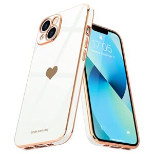 teageo compatible with iphone 13 case for women girl cute love-heart luxury bling plating soft back cover raised full camera protection bumper silicone shockproof phone case for iphone 13, white