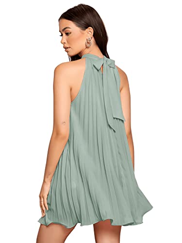 SweatyRocks Women's Sleeveless Tie Back Halter Dress Mini Swing Pleated A-line Skater Dress Green L