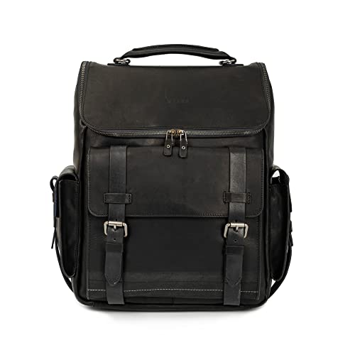 VELEZ Top Grain Leather Backpack for Men - 15.6 Inch Laptop Bag – Black Matte Designer Bookbag - Archaeology Vintage Travel Rucksack - Mens Casual Computer Shoulder Bags