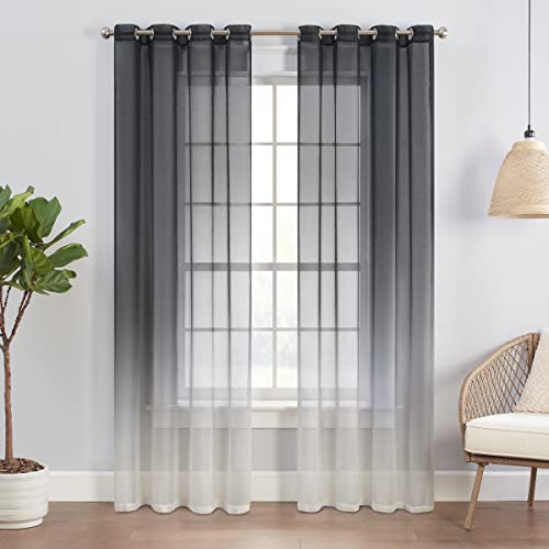 ECLIPSE Ines Printed Ombre Textured Light Filtering Grommet Window Curtains for Bedroom (2 Panels), 52 in x 63 in, Charcoal