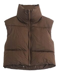 gihuo womens quilted cropped puffer vest gilet warm padded full zip lightweight puffy vest short sleeveless jacket(coffee-m)