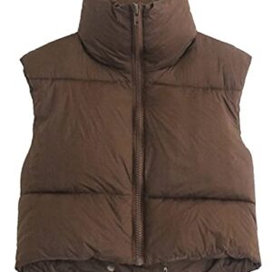 Gihuo Womens Quilted Cropped Puffer Vest Gilet Warm Padded Full Zip Lightweight Puffy Vest Short Sleeveless Jacket(Coffee-M)