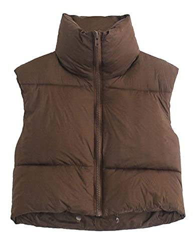 Gihuo Womens Quilted Cropped Puffer Vest Gilet Warm Padded Full Zip Lightweight Puffy Vest Short Sleeveless Jacket(Coffee-M)