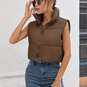 Gihuo Womens Quilted Cropped Puffer Vest Gilet Warm Padded Full Zip Lightweight Puffy Vest Short Sleeveless Jacket(Coffee-M)