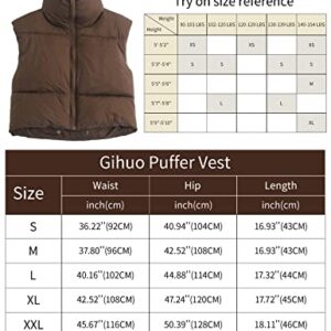 Gihuo Womens Quilted Cropped Puffer Vest Gilet Warm Padded Full Zip Lightweight Puffy Vest Short Sleeveless Jacket(Coffee-M)