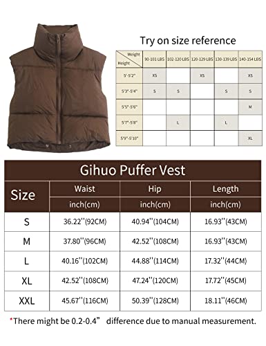 Gihuo Womens Quilted Cropped Puffer Vest Gilet Warm Padded Full Zip Lightweight Puffy Vest Short Sleeveless Jacket(Coffee-M)