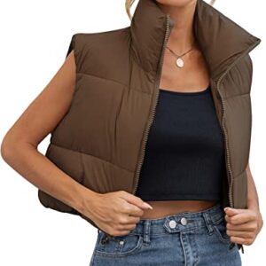 Gihuo Womens Quilted Cropped Puffer Vest Gilet Warm Padded Full Zip Lightweight Puffy Vest Short Sleeveless Jacket(Coffee-M)