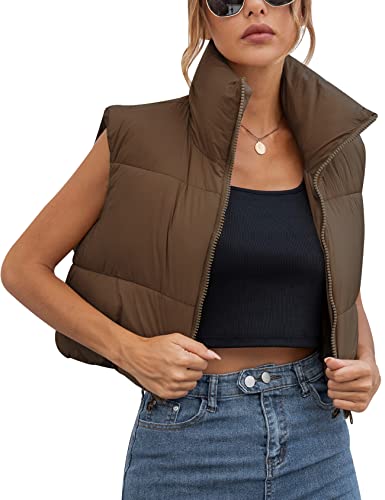 Gihuo Womens Quilted Cropped Puffer Vest Gilet Warm Padded Full Zip Lightweight Puffy Vest Short Sleeveless Jacket(Coffee-M)