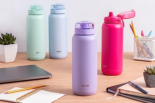 Ello Cooper Vacuum Insulated Stainless Steel Water Bottle with Soft Straw and Carry Loop, Double Walled, Leak Proof, Lilac, 32oz