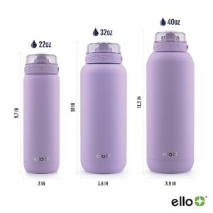 Ello Cooper Vacuum Insulated Stainless Steel Water Bottle with Soft Straw and Carry Loop, Double Walled, Leak Proof, Lilac, 32oz