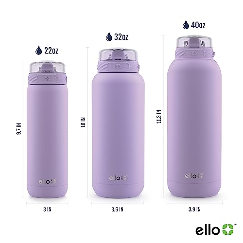 Ello Cooper Vacuum Insulated Stainless Steel Water Bottle with Soft Straw and Carry Loop, Double Walled, Leak Proof, Lilac, 32oz