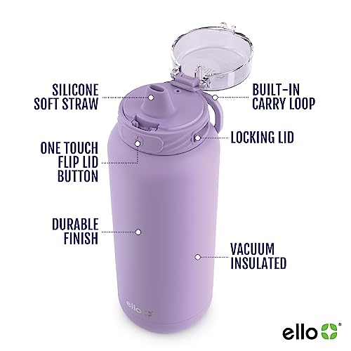 Ello Cooper Vacuum Insulated Stainless Steel Water Bottle with Soft Straw and Carry Loop, Double Walled, Leak Proof, Lilac, 32oz