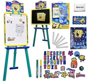 spongebob standing art easel for kids, toddler drawing dry erase magnetic whiteboard, chalkboard, accessories and number 1 in service tissue pack (47 pieces)