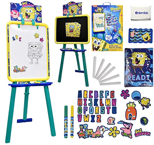 Spongebob Standing Art Easel for Kids, Toddler Drawing Dry Erase Magnetic Whiteboard, Chalkboard, Accessories and Number 1 in Service Tissue Pack (47 Pieces)