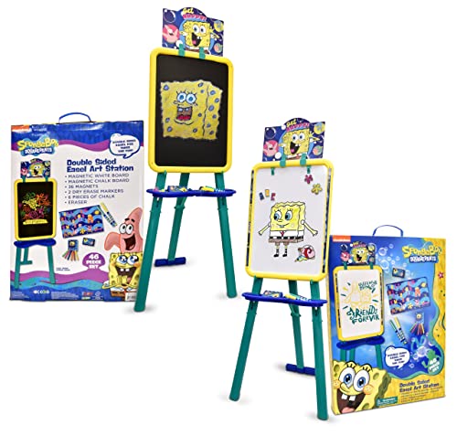 Spongebob Standing Art Easel for Kids, Toddler Drawing Dry Erase Magnetic Whiteboard, Chalkboard, Accessories and Number 1 in Service Tissue Pack (47 Pieces)