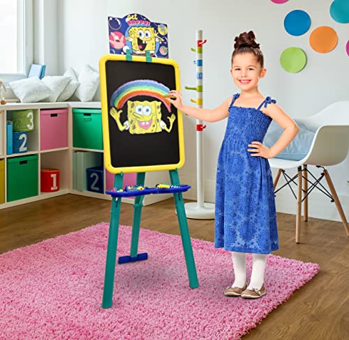 Spongebob Standing Art Easel for Kids, Toddler Drawing Dry Erase Magnetic Whiteboard, Chalkboard, Accessories and Number 1 in Service Tissue Pack (47 Pieces)