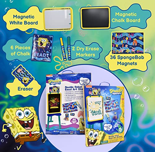 Spongebob Standing Art Easel for Kids, Toddler Drawing Dry Erase Magnetic Whiteboard, Chalkboard, Accessories and Number 1 in Service Tissue Pack (47 Pieces)
