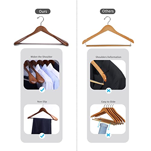 Nature Smile Luxury Wooden Suit Hangers 6 Pack Wood Coat Hangers Jacket Outerwear Shirt Hangers,with Extra-Wide Shoulder, 360 Degree Swivel Hooks & Anti-Slip Bar with Screw(Retro Color)