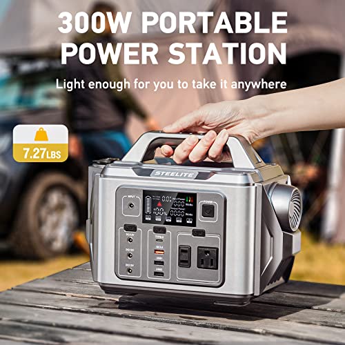 Steelite Roket 300 Portable Power Station 300W(Peak 600W),296Wh Backup Lithium Battery Portable Generator with 2 Pure Sine Wave AC Outlets Solar Generator for Outdoor Camping RV Travel Emergency CPAP