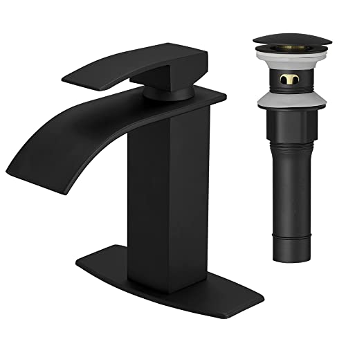 BESy Black Waterfall Spout Bathroom Faucet, Single Handle Bathroom Sink Faucet with Pop-up Drain, Rv Vanity Faucet with Deck Plate & Supply Hoses, Matte Black, 1 or 3 Hole