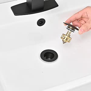 BESy Black Waterfall Spout Bathroom Faucet, Single Handle Bathroom Sink Faucet with Pop-up Drain, Rv Vanity Faucet with Deck Plate & Supply Hoses, Matte Black, 1 or 3 Hole