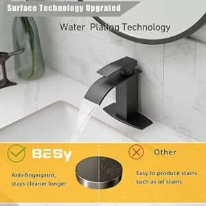 BESy Black Waterfall Spout Bathroom Faucet, Single Handle Bathroom Sink Faucet with Pop-up Drain, Rv Vanity Faucet with Deck Plate & Supply Hoses, Matte Black, 1 or 3 Hole