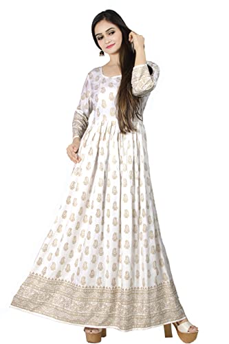 Chandrakala Gold Foil Printed Long Kurti for Women Rayon Indian Anarkali Ethnic Tunic Top Kurta Kurti Dress,X-Large (K199WHI4)