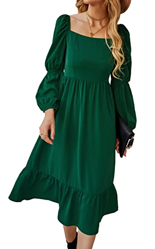 AOVDE Women's Square Neck 3/4 Sleeve Dress Solid Color High Waist Fall Dress Casual Party Flowy Midi Dress Green Small