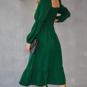 AOVDE Women's Square Neck 3/4 Sleeve Dress Solid Color High Waist Fall Dress Casual Party Flowy Midi Dress Green Small