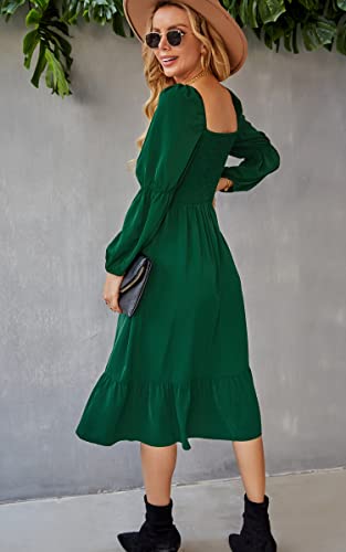 AOVDE Women's Square Neck 3/4 Sleeve Dress Solid Color High Waist Fall Dress Casual Party Flowy Midi Dress Green Small