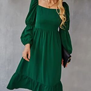 AOVDE Women's Square Neck 3/4 Sleeve Dress Solid Color High Waist Fall Dress Casual Party Flowy Midi Dress Green Small