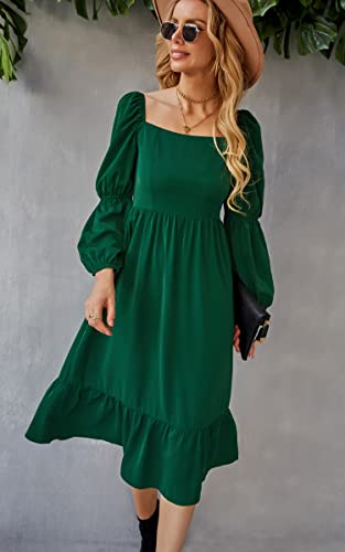 AOVDE Women's Square Neck 3/4 Sleeve Dress Solid Color High Waist Fall Dress Casual Party Flowy Midi Dress Green Small