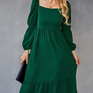 AOVDE Women's Square Neck 3/4 Sleeve Dress Solid Color High Waist Fall Dress Casual Party Flowy Midi Dress Green Small