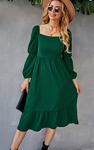 AOVDE Women's Square Neck 3/4 Sleeve Dress Solid Color High Waist Fall Dress Casual Party Flowy Midi Dress Green Small