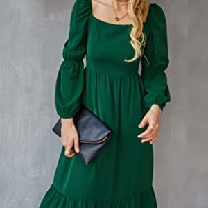 AOVDE Women's Square Neck 3/4 Sleeve Dress Solid Color High Waist Fall Dress Casual Party Flowy Midi Dress Green Small