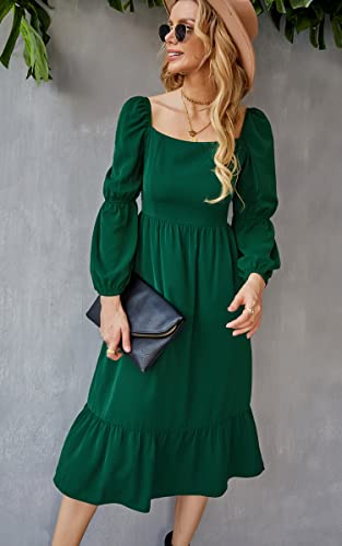 AOVDE Women's Square Neck 3/4 Sleeve Dress Solid Color High Waist Fall Dress Casual Party Flowy Midi Dress Green Small