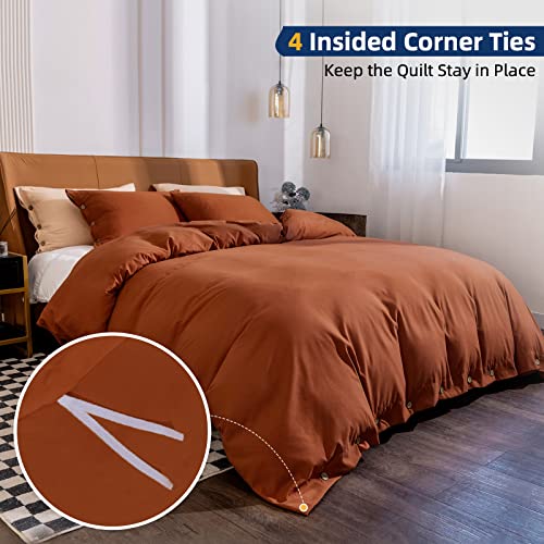 Argstar 3 Pieces Button Closure Duvet Cover Set Queen, Burnt Orange Duvet Cover with Buttons, 100% Microfiber Soft & Easy Care Bedding Comforter Cover with Ties (1 Rust Duvet Cover, 2 Pillowcases)