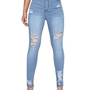 Floerns Women's High Waisted Ripped Skinny Jeans Destroyed Denim Pants Light Blue S