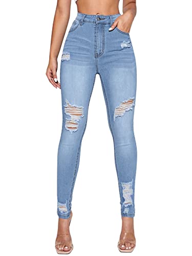 Floerns Women's High Waisted Ripped Skinny Jeans Destroyed Denim Pants Light Blue S