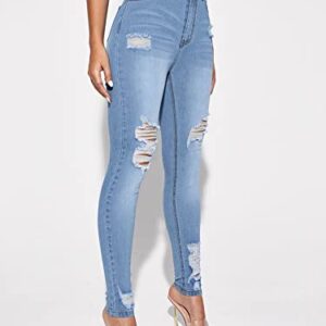 Floerns Women's High Waisted Ripped Skinny Jeans Destroyed Denim Pants Light Blue S