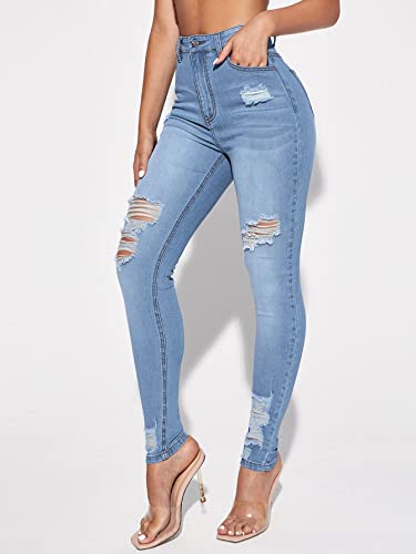 Floerns Women's High Waisted Ripped Skinny Jeans Destroyed Denim Pants Light Blue S