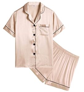 swomog kids satin pajamas sets girls boys button-down pjs short sleeve silk nightwear 2 piece lounge sets