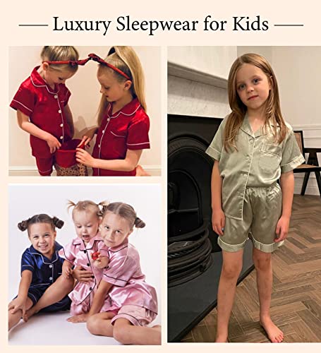 SWOMOG Kids Satin Pajamas Sets Girls Boys Button-Down Pjs Short Sleeve Silk Nightwear 2 Piece Lounge Sets