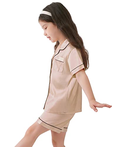 SWOMOG Kids Satin Pajamas Sets Girls Boys Button-Down Pjs Short Sleeve Silk Nightwear 2 Piece Lounge Sets